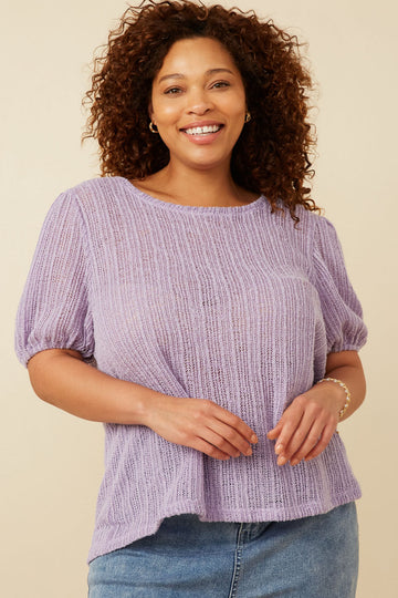 HDY7144 Lavender Womens Ribbed Knit Textured Puff Sleeve Top Front